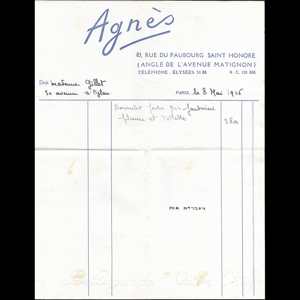 Agnès - Facture de la maison Agnès, 83 rue du Faubourg Saint-Honoré à Paris (1946)