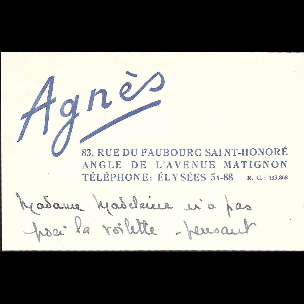 Agnès - Carte de correspondance de la maison Agnès, 83 rue du Faubourg Saint-Honoré à Paris (1946)