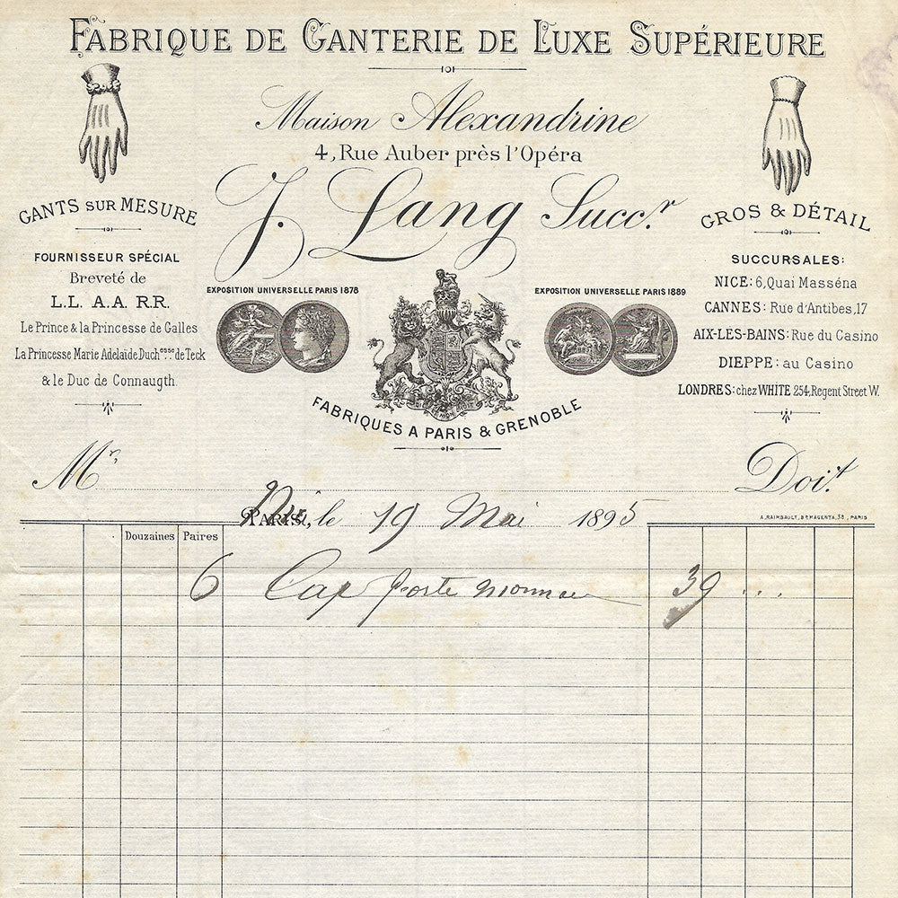 Lang - Facture de la fabrique de gants de peaux, Maison Alexandrine, 4 rue Auber à Paris (1895)