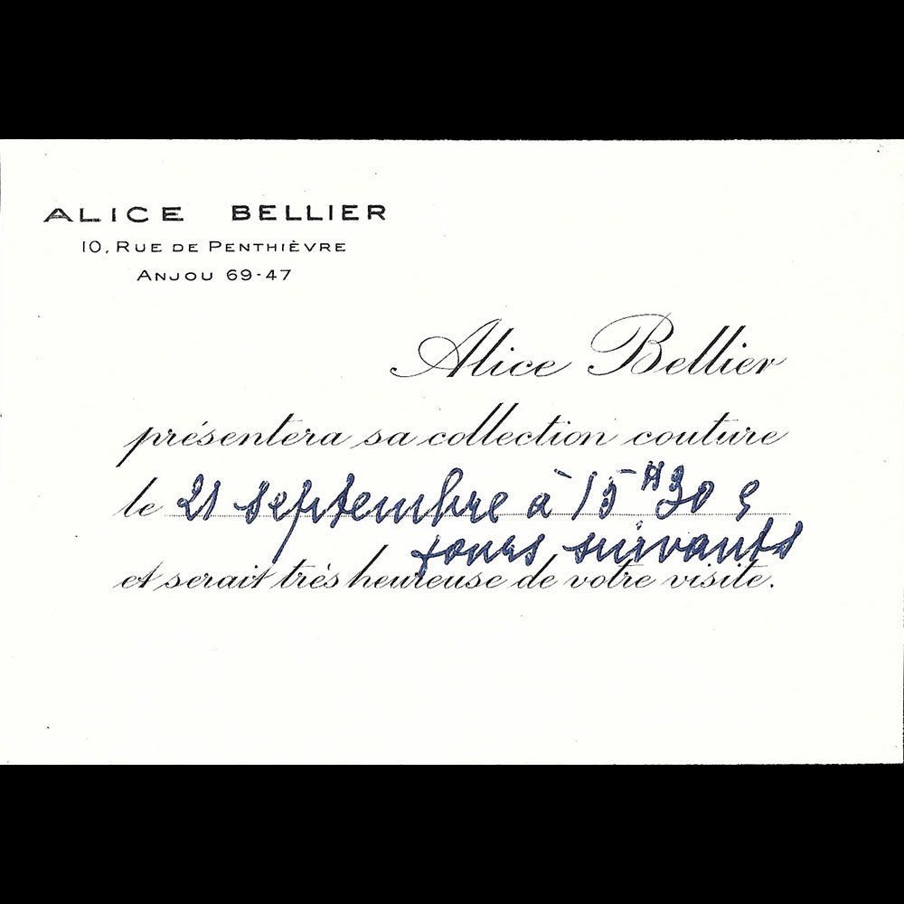 Alice Bellier - Carte de la maison de couture, 10 rue de Penthièvre à Paris (1950s)