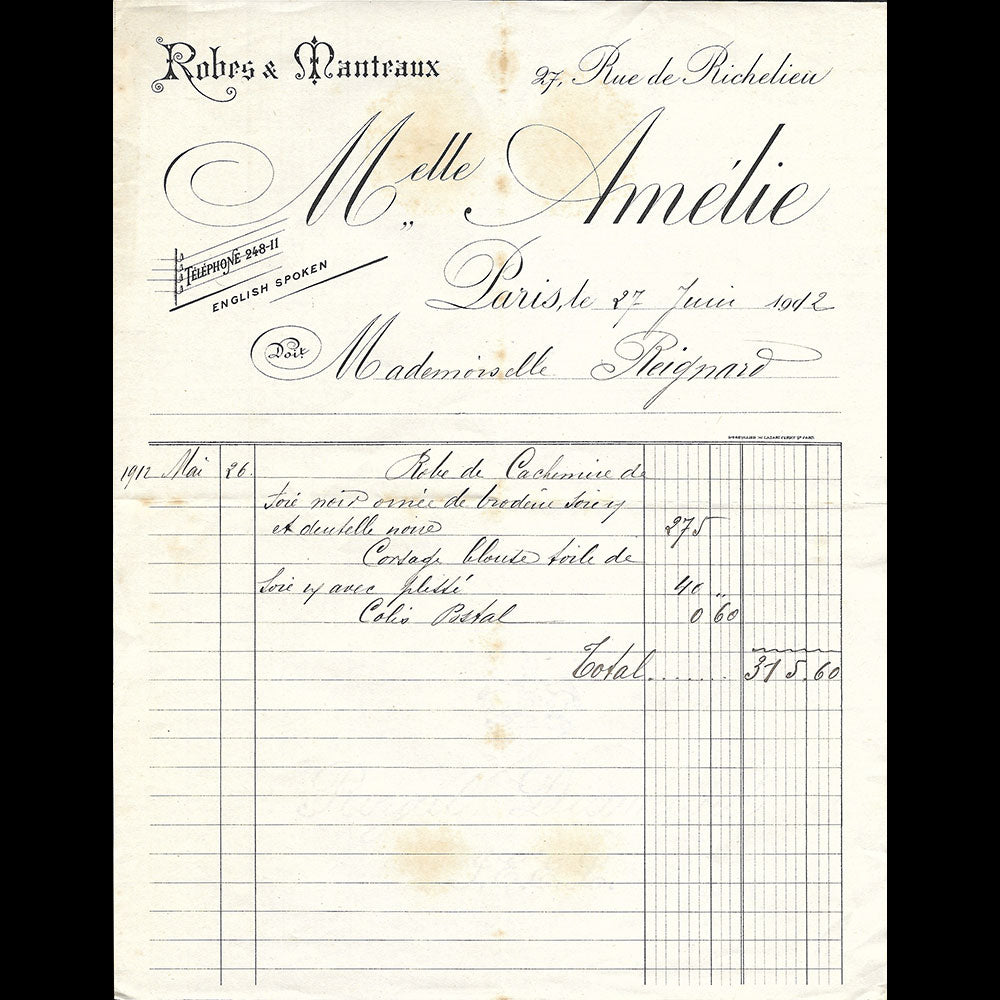 Mademoiselle Amelie - Facture de la maison de couture, 27 rue de Richelieu à Paris (1912)