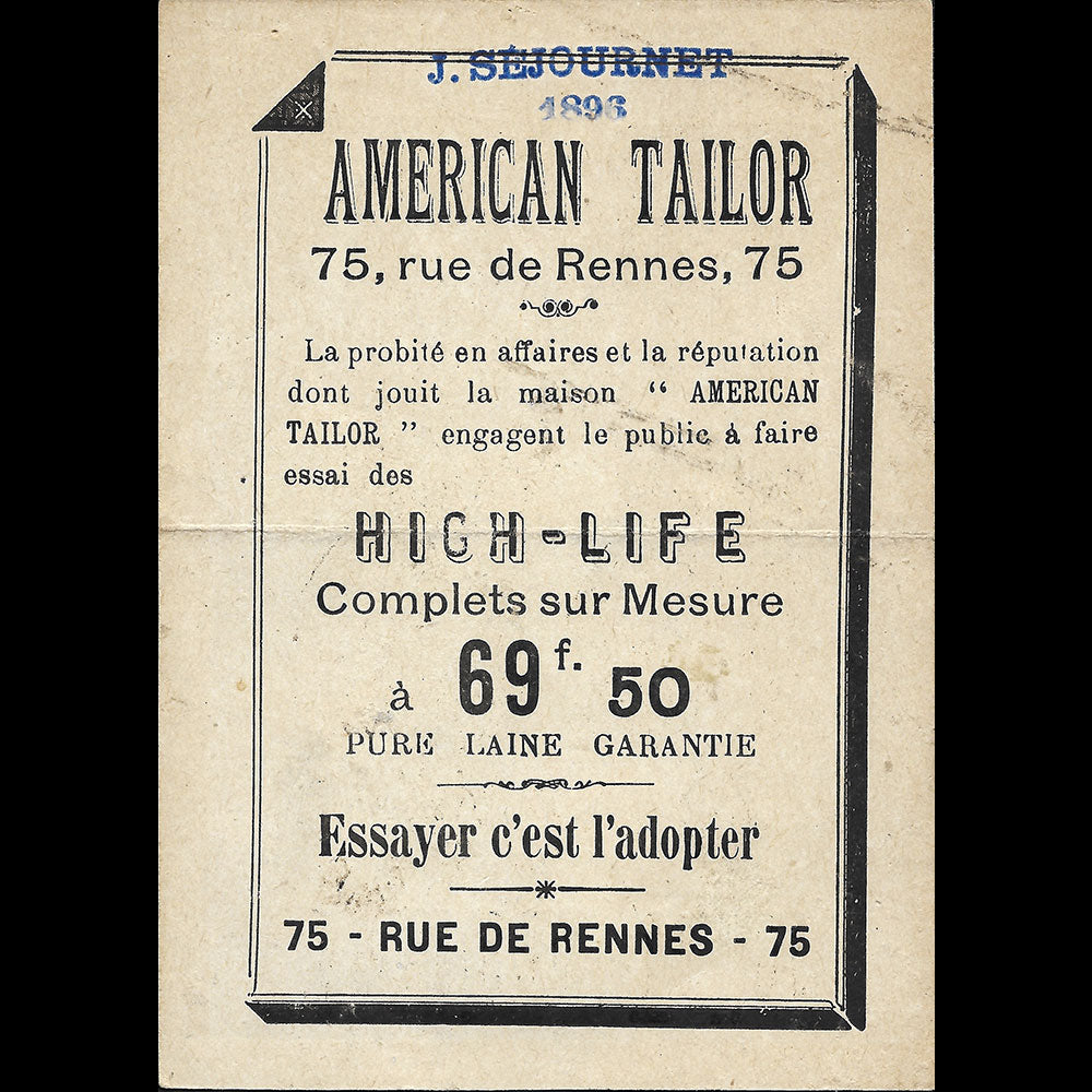 American Tailor - Carte du tailleur, 75 rue de Rennes à Paris (1896)