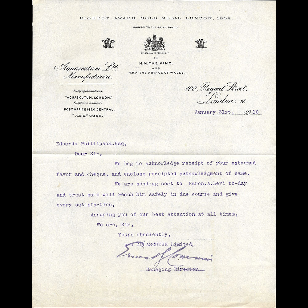 Aquascutum - Reçu du magasin, 100 Regent Street, London (1910)
