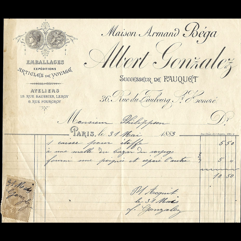 Albert Gonzalez - Facture de la maison d'emballages et d'articles de voyage Armand Béga, 36 rue du Faubourg Saint-Honoré à Paris (1883)