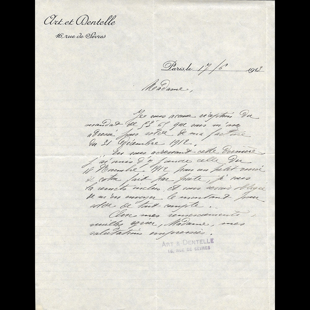 Art et Dentelle - Facture du magasin, 16 rue de Sevres à Paris (1913)