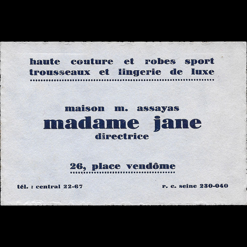 Assayas - Carte de la maison de couture, 26 place de la Vendôme à Paris (1920s)