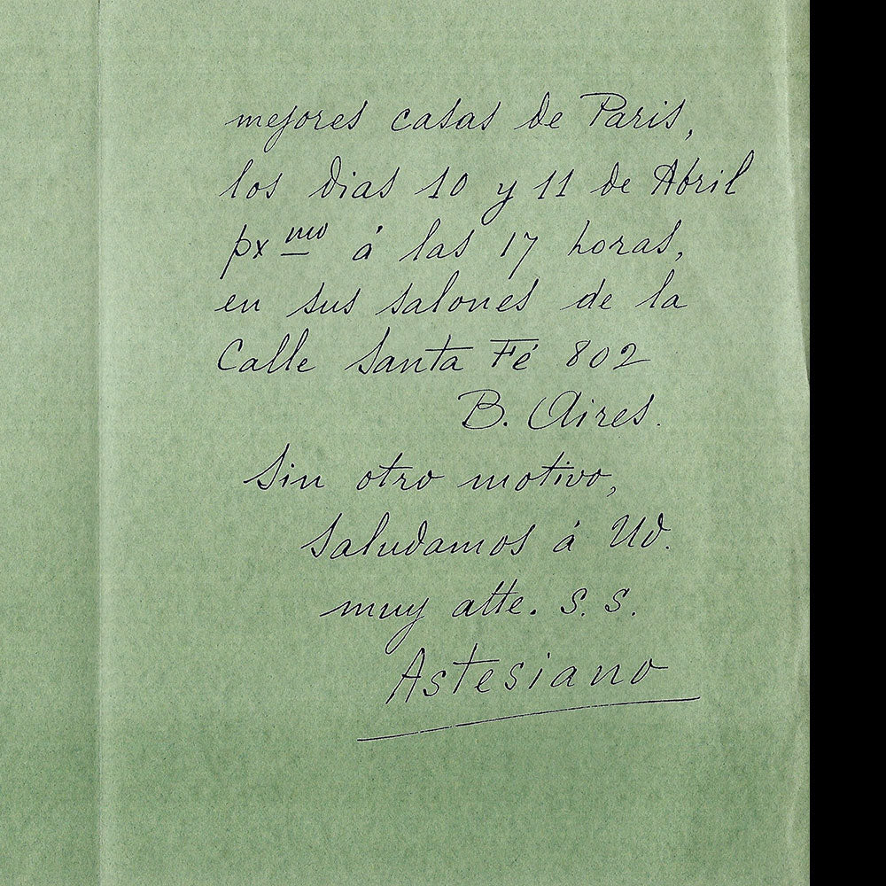 Astesiano - Lettre annonçant la sélection de modèles de Paris (circa 1920s)