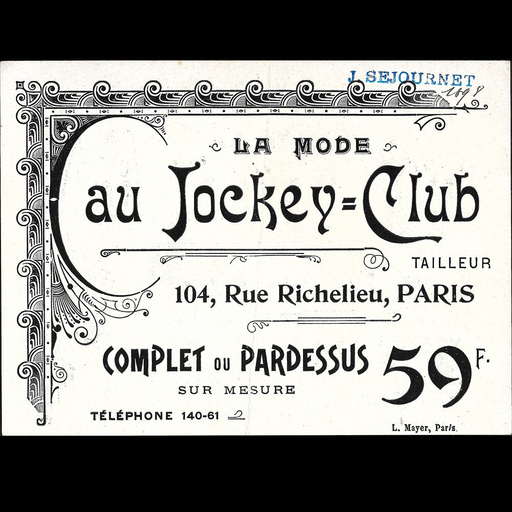 Au Jockey Club - Carte du tailleur 104 rue Richelieu à Paris (1898)