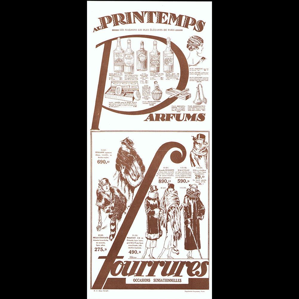 Au Printemps - Actuellement mis en vente Gants, Dentelles, Parfums, Fourrures affiche des grands magasins (1924)