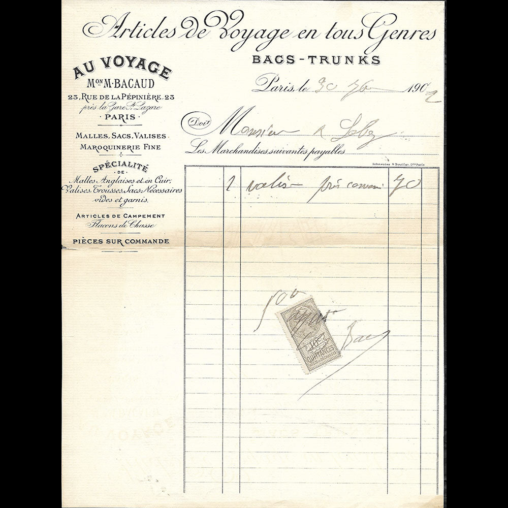 Au Voyage - Facture du magasin d'articles de voyage, 23 rue de la Pépinière à Paris (1902)
