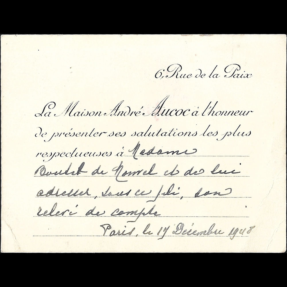 André Aucoc - Carte de la maison d'orfèvrerie et de joaillerie, 6 rue de la Paix, Paris (1948)
