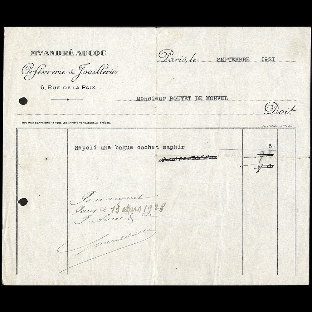 Aucoc - Facture de la maison d'orfévrerie et de Joaillerie, 6 rue de la Paix à Paris (1921)