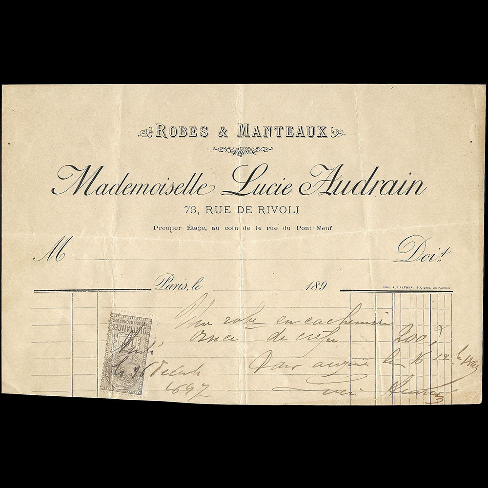 Lucie Audrain - Facture de la maison de couture, 73 rue de Rivoli à Paris (1897)