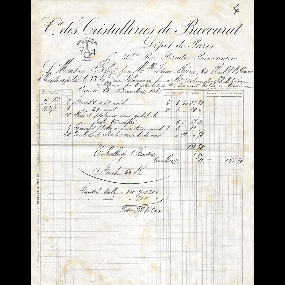 Baccarat - Facture de la Compagnie des Cristalleries, 30 bis rue Paradis Poissonnière à Paris (1880)