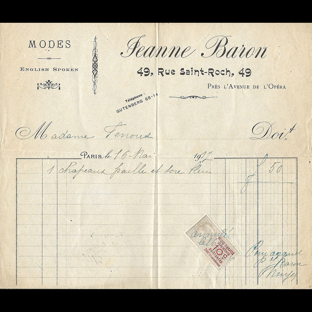 Jeanne Baron - Facture de la maison de modes Jeanne Baron, 49 rue Saint-Roch à Paris (1917)