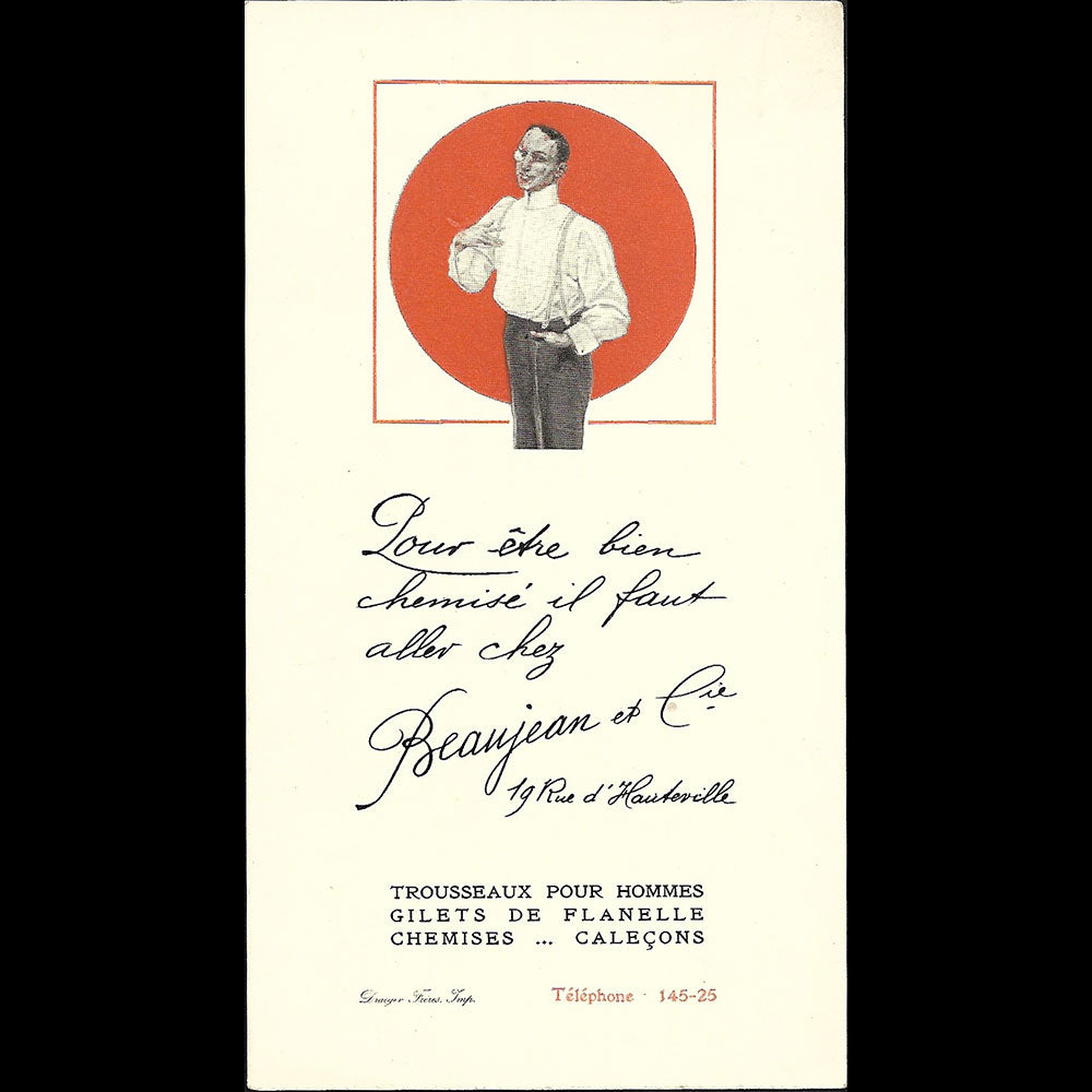 Beaujean - Carte de la maison de mode masculine, 19 rue d'Hauteville à Paris (1920s)