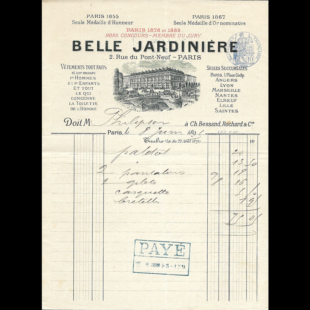 La Belle Jardinière - Facture des grands magasins, 2 rue du Pont Neuf à Paris (1895)