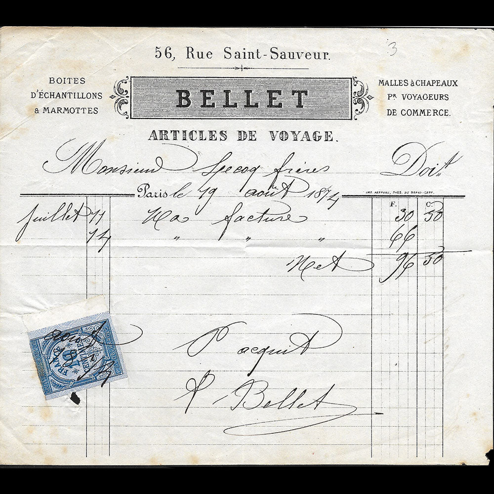 Bellet - Facture du magasin d'articles de voyage, 56 rue Saint-Sauveur à Paris (1874)