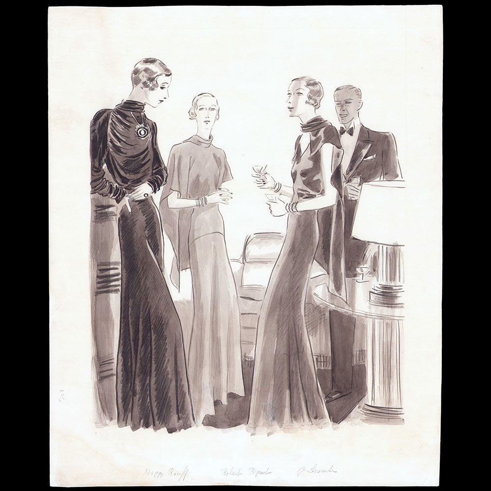 Bénito - Rouff, Piguet, Lecomte, dessin d'Eduardo Garcia Benito pour Vogue (1934)