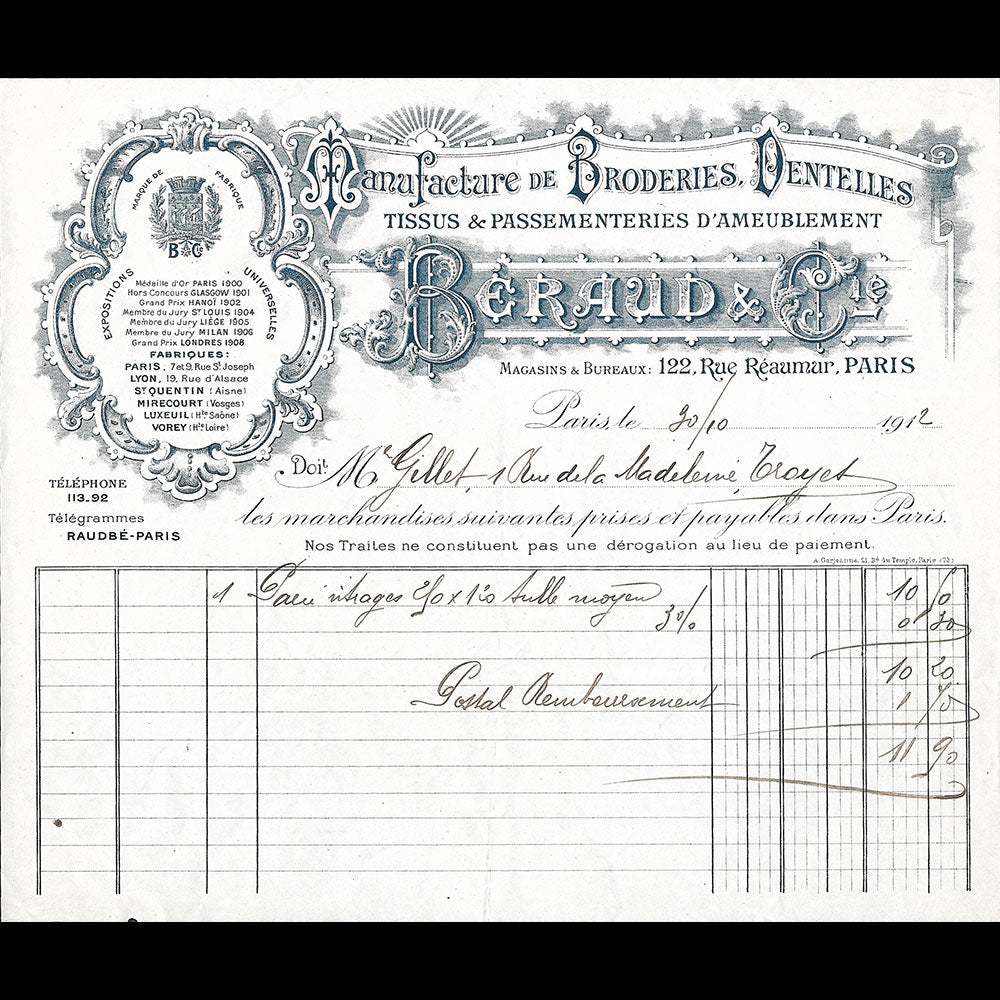 Béraud - Facture de la manufacture de broderies, dentelles, 122 rue Réaumur à Paris (1912)