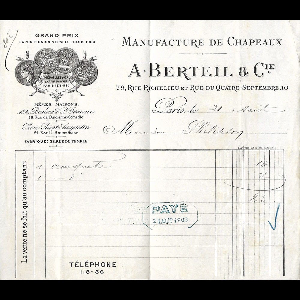 A. Berteil & Cie - Facture de la maison de chapellerie, 79 rue Richelieu à Paris (1903)