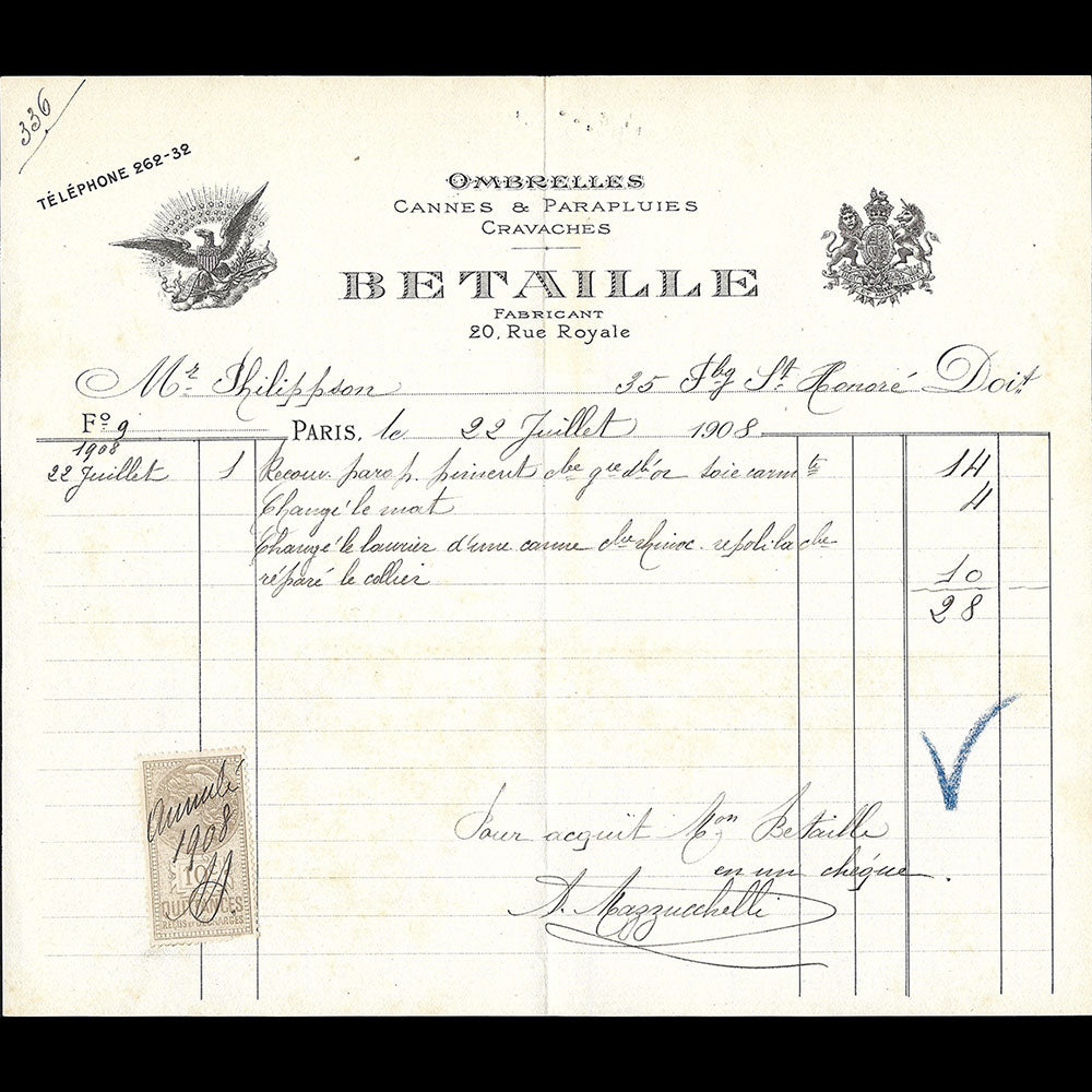 Betaille - Facture de la fabrique d'ombrelles, cannes et parapluies, 20 rue Royale à Paris (1908)