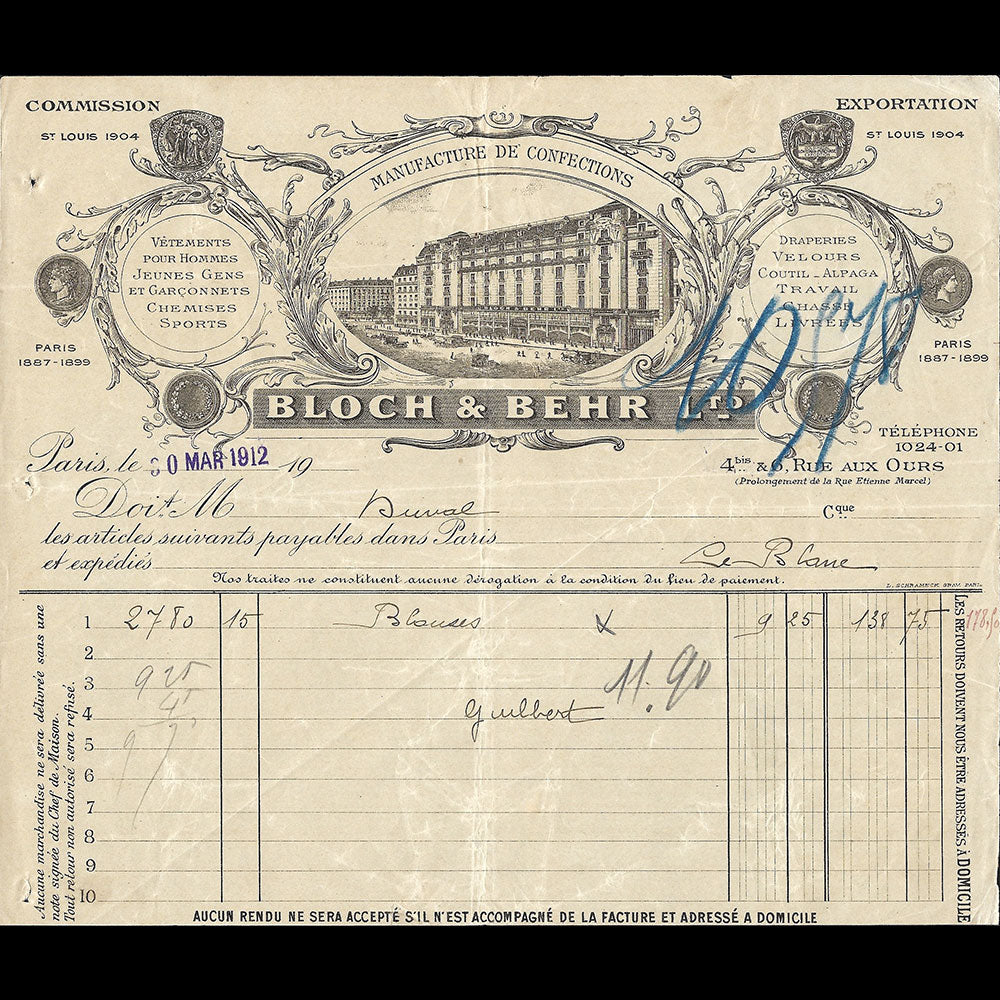 Bloch & Behr - Facture de la manufacture de confection, 4 bis et 6 rue aux Ours à Paris (1912)