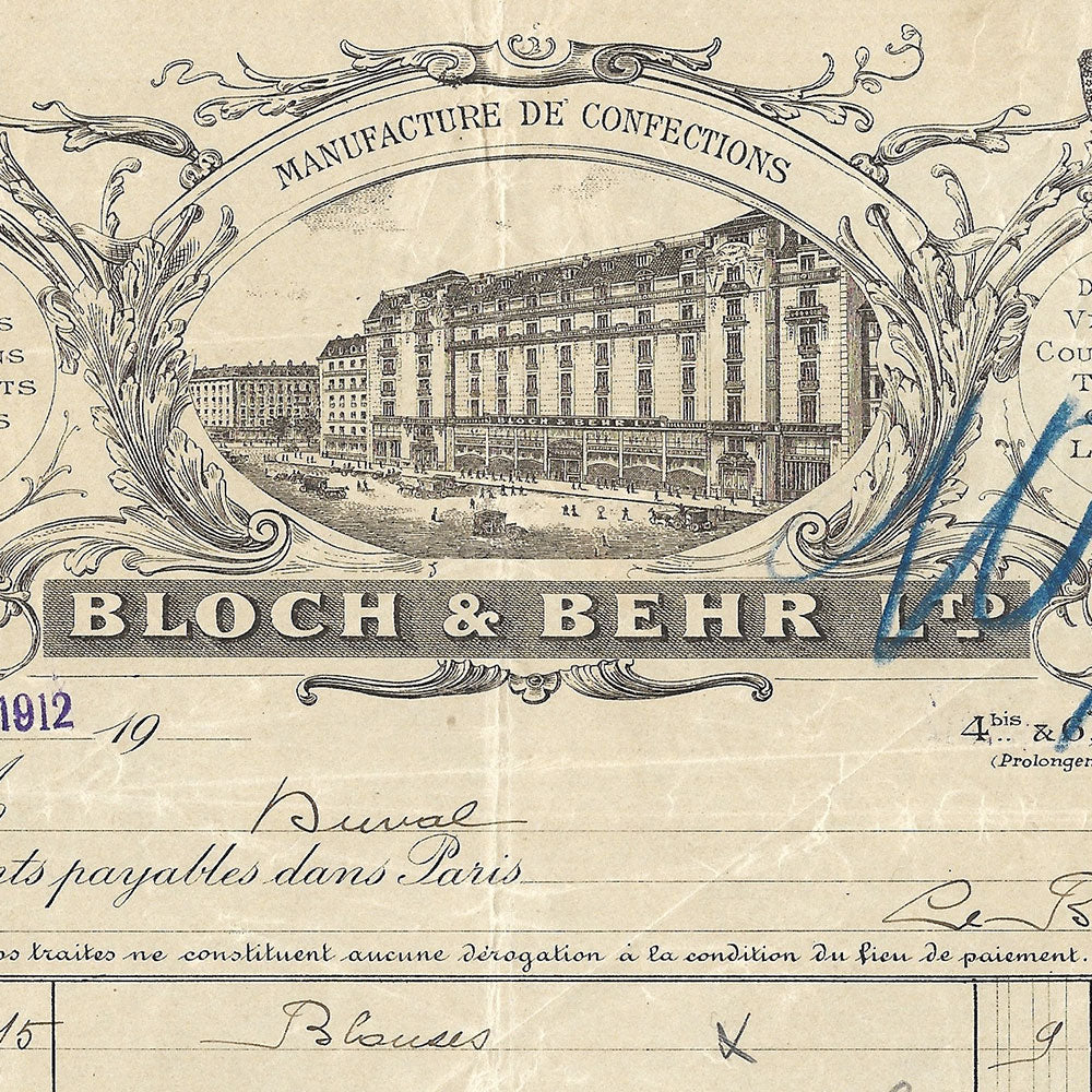 Bloch & Behr - Facture de la manufacture de confection, 4 bis et 6 rue aux Ours à Paris (1912)