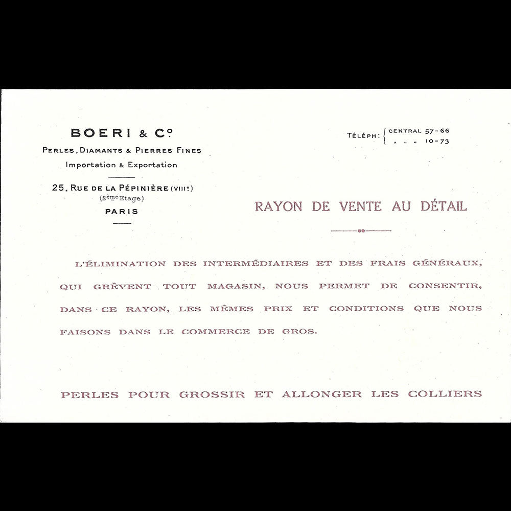 Boeri - Carte de la maison de perles, diamants et pierres fines, 25 rue de la Pépinière à Paris (1940s)