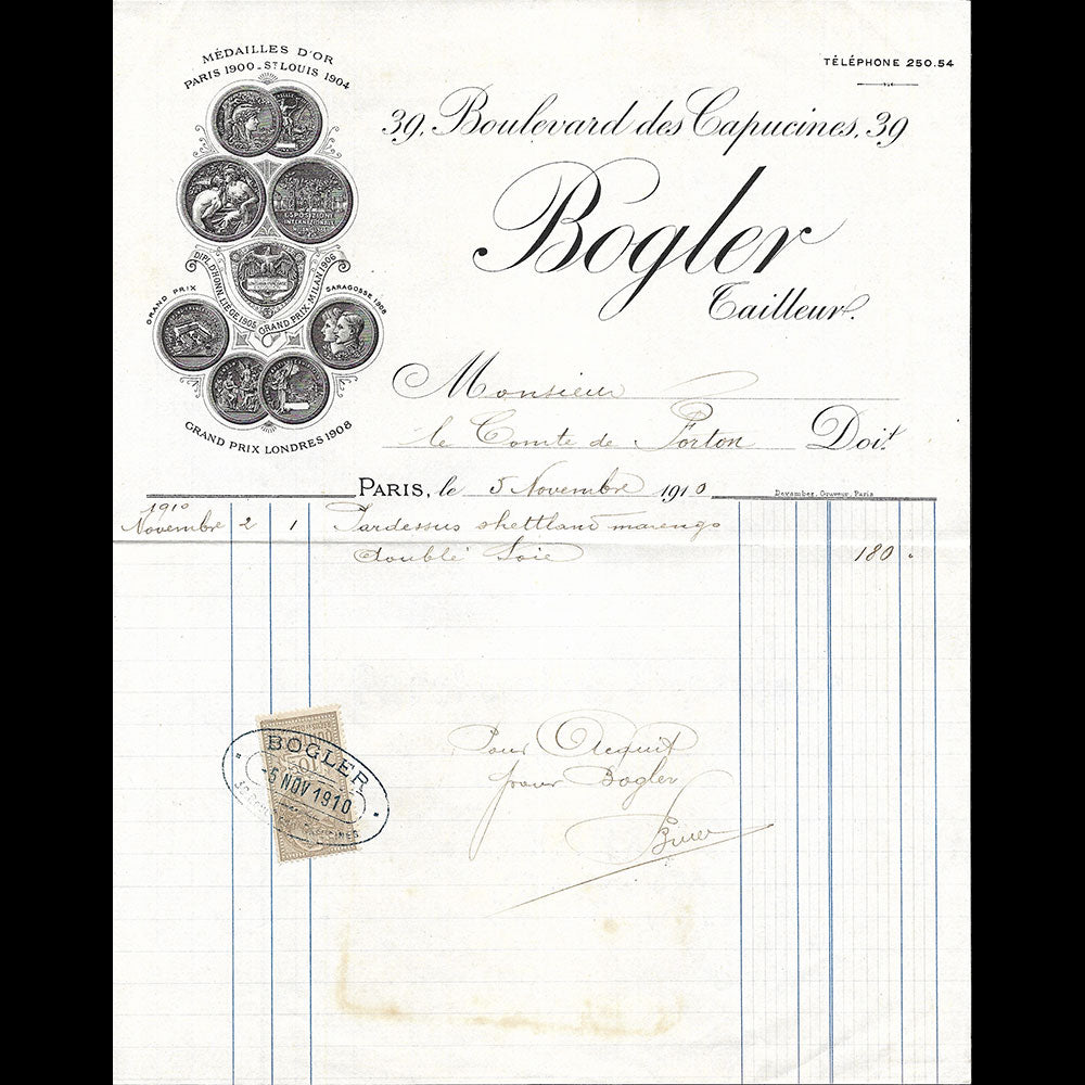 Bogler - Facture du tailleur, 39 boulevard des Capucines à Paris (1910)