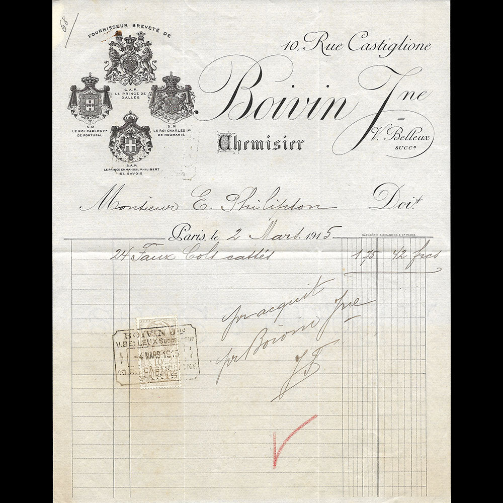 Boivin Jeune - Facture du chemisier, 10 rue Castiglione à Paris (1915)