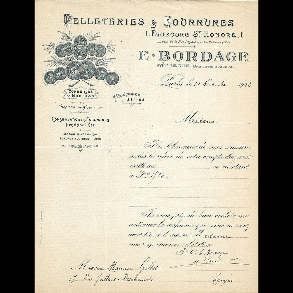 E. Bordage - Facture de la maison de fourrure, 1 Faubourg Saint-Honoré à Paris (1912)
