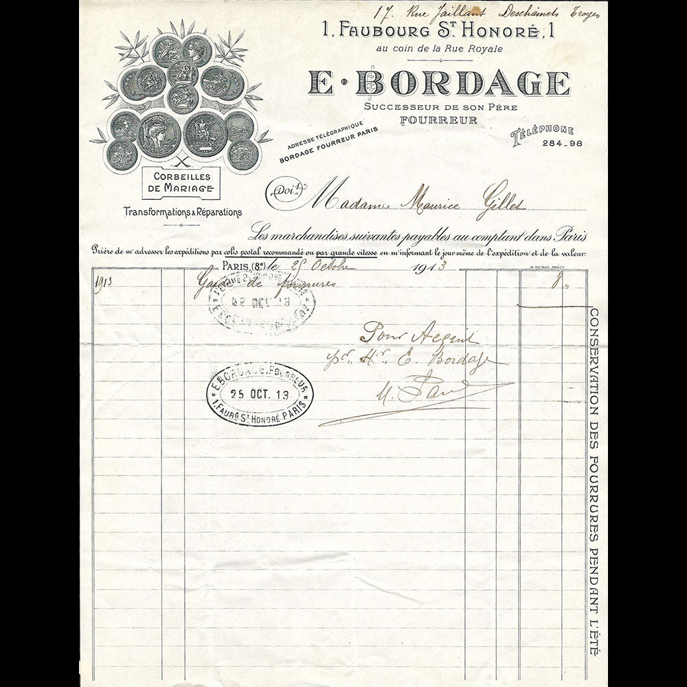 E. Bordage - Facture de la maison de fourrure, 1 Faubourg Saint-Honoré à Paris (1913)