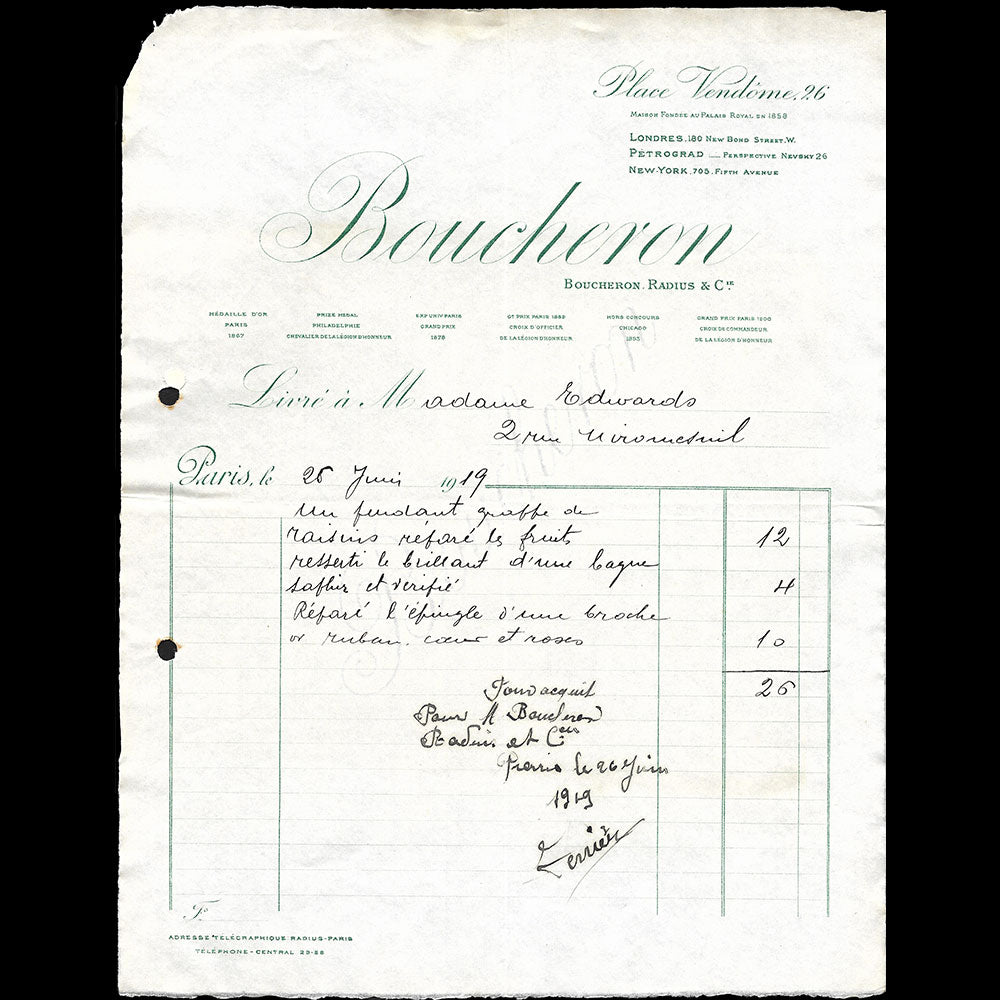 Boucheron - Facture de la maison de joaillerie, 26 place Vendôme à Paris (1919)
