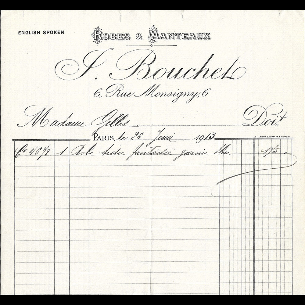 Bouchet - Facture de la maison de couture, 6 rue Monsigny à Paris (1913)