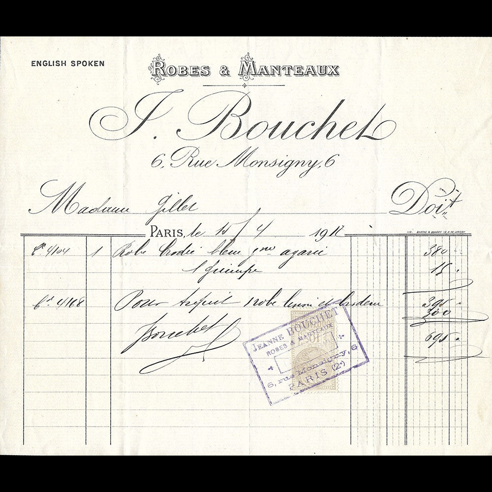 Bouchet - Facture de la maison de couture, 6 rue Monsigny à Paris (1912)