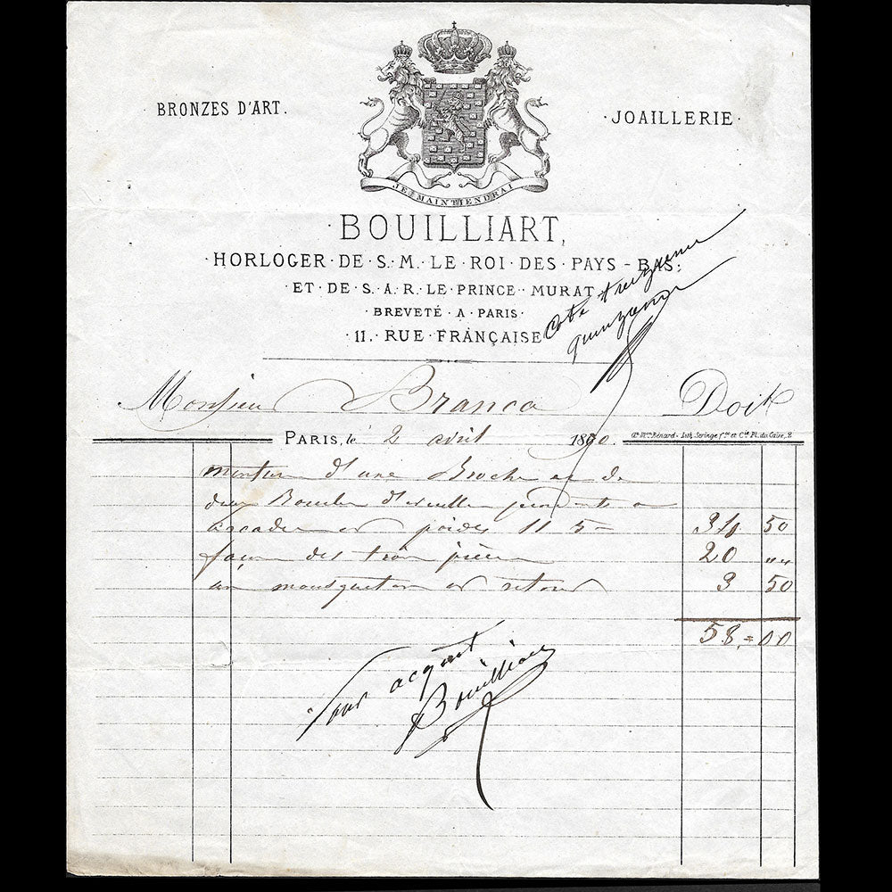 Bouilliart - Facture de l'horloger, 11 rue Française à Paris (1870)