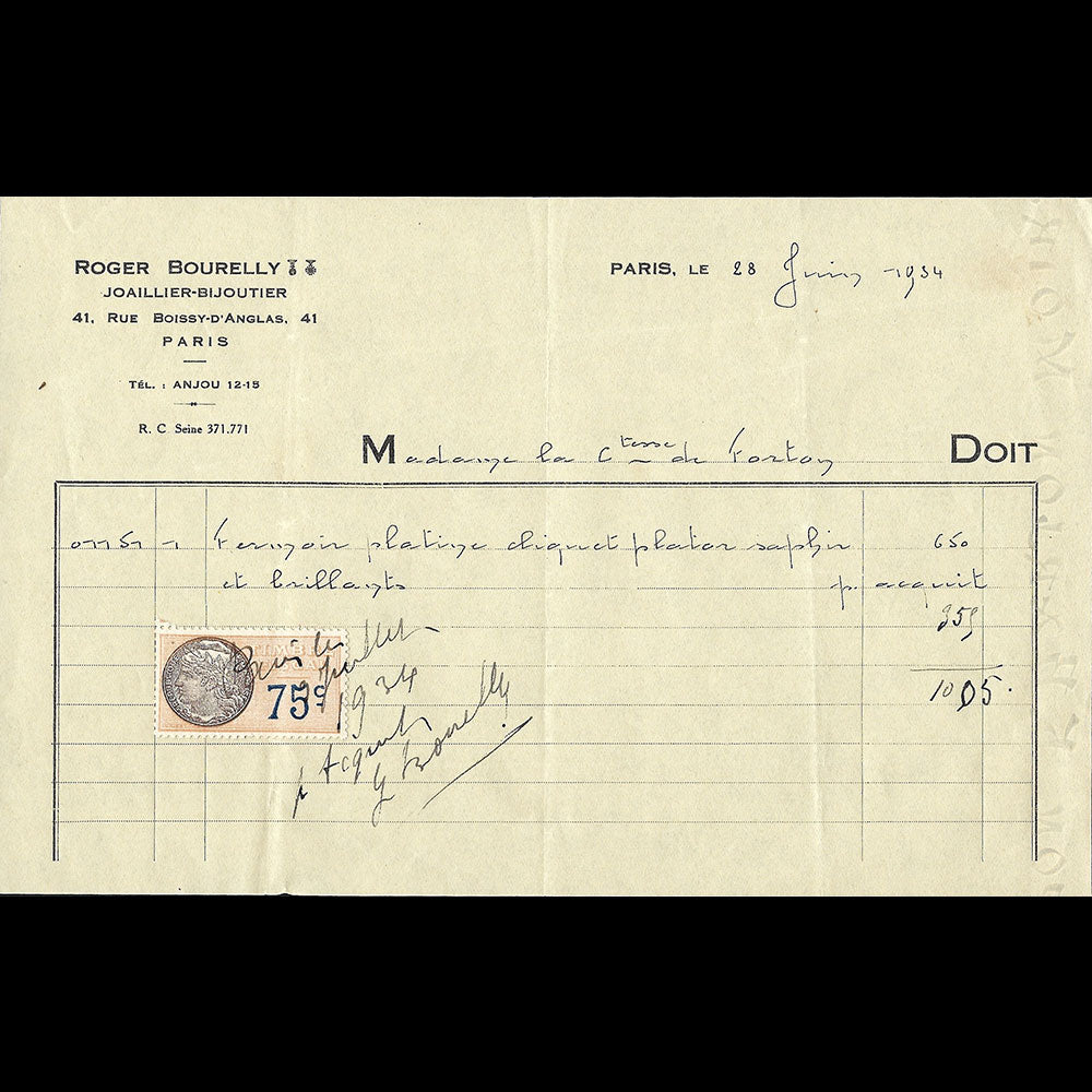 Roger Bourely - Facture du joaillier-bijoutier, 41 rue Boissy d'Anglas à Paris (1934