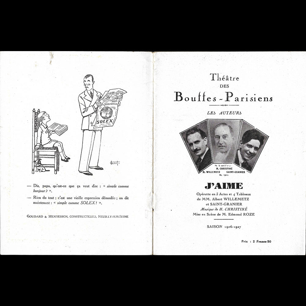 J'aime - Programme de théâtre, couverture de Pierre Brissaud (1926-1927)