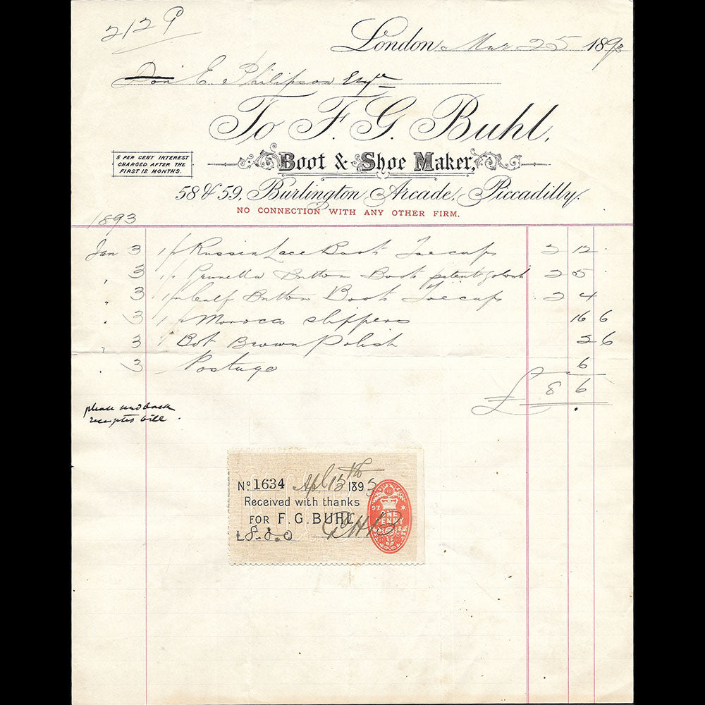 F. G. Buhl - Facture de la maison de chaussures, 58 & 59 Burlington Arcade, London (1893)