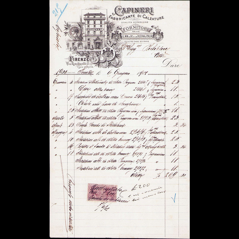 Capineri - Facture de la maison de chapeaux, Via Rondinelli, Firenze (1902)