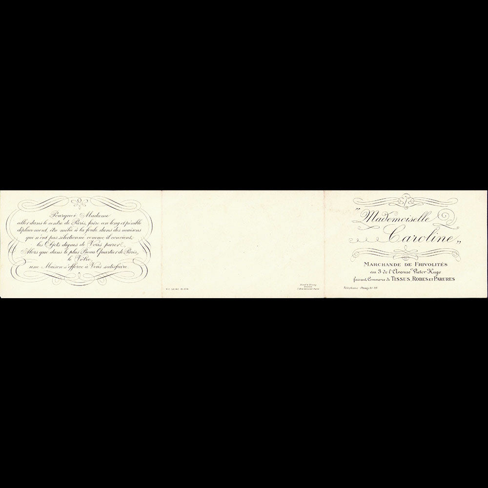 Mademoiselle Caroline - Carte de la marchande de frivolités, 3 avenue Victor Hugo à Paris illustrée par Pierre Brissaud (circa 1920s)