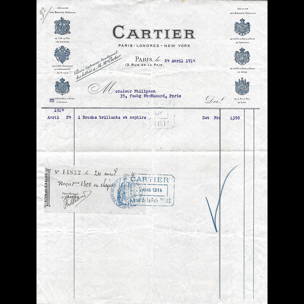 Cartier - Facture de la maison de joaillerie, 13 rue de la Paix à Paris (1914)