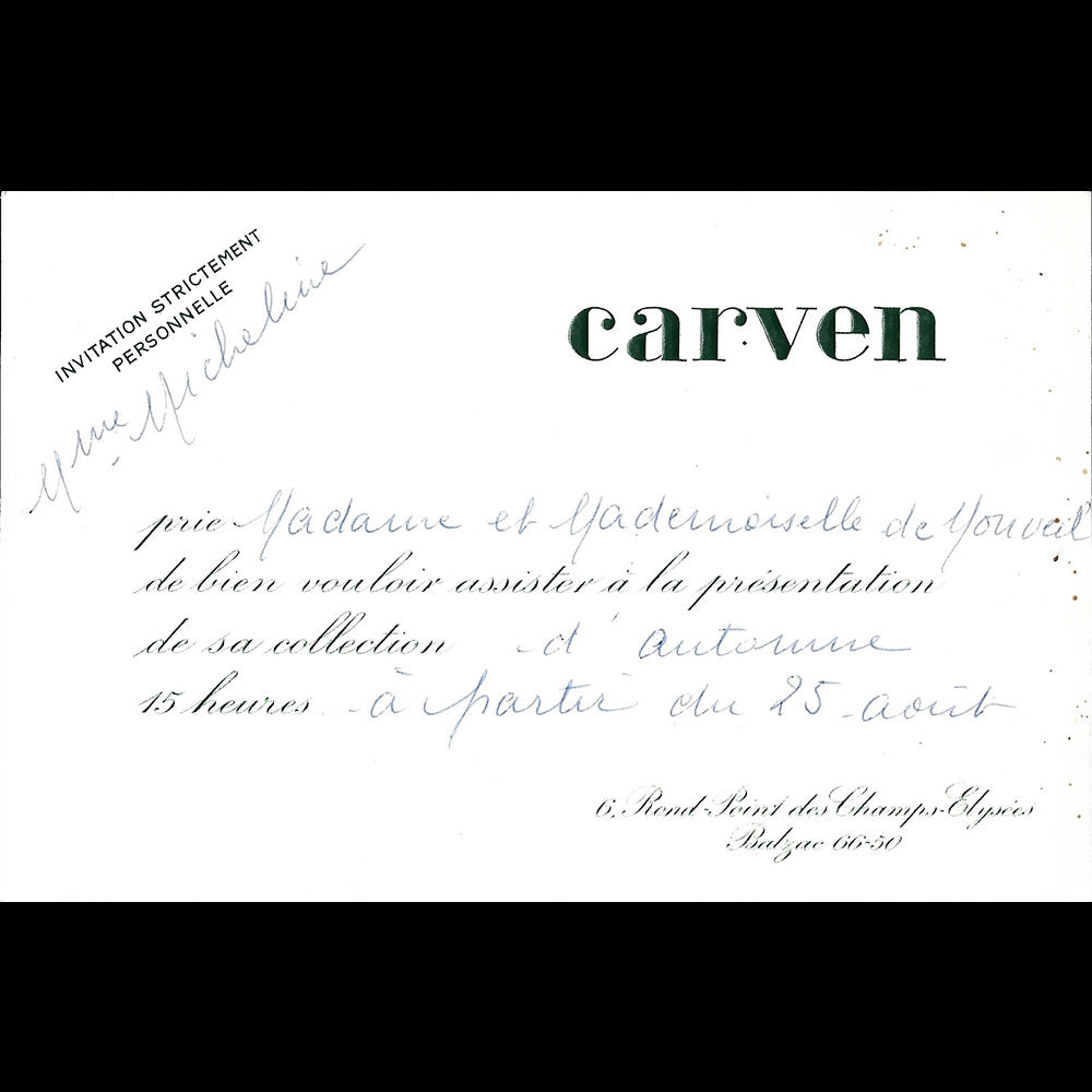 Carven - Carton d'invitation de la maison de couture, 6 Rond-Point des Champs-Elysées à Paris (1950s)