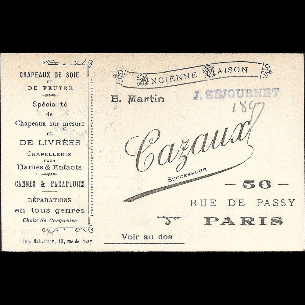 Cazaux - Carte du chapelier, 56 rue de Passy à Paris (1897)