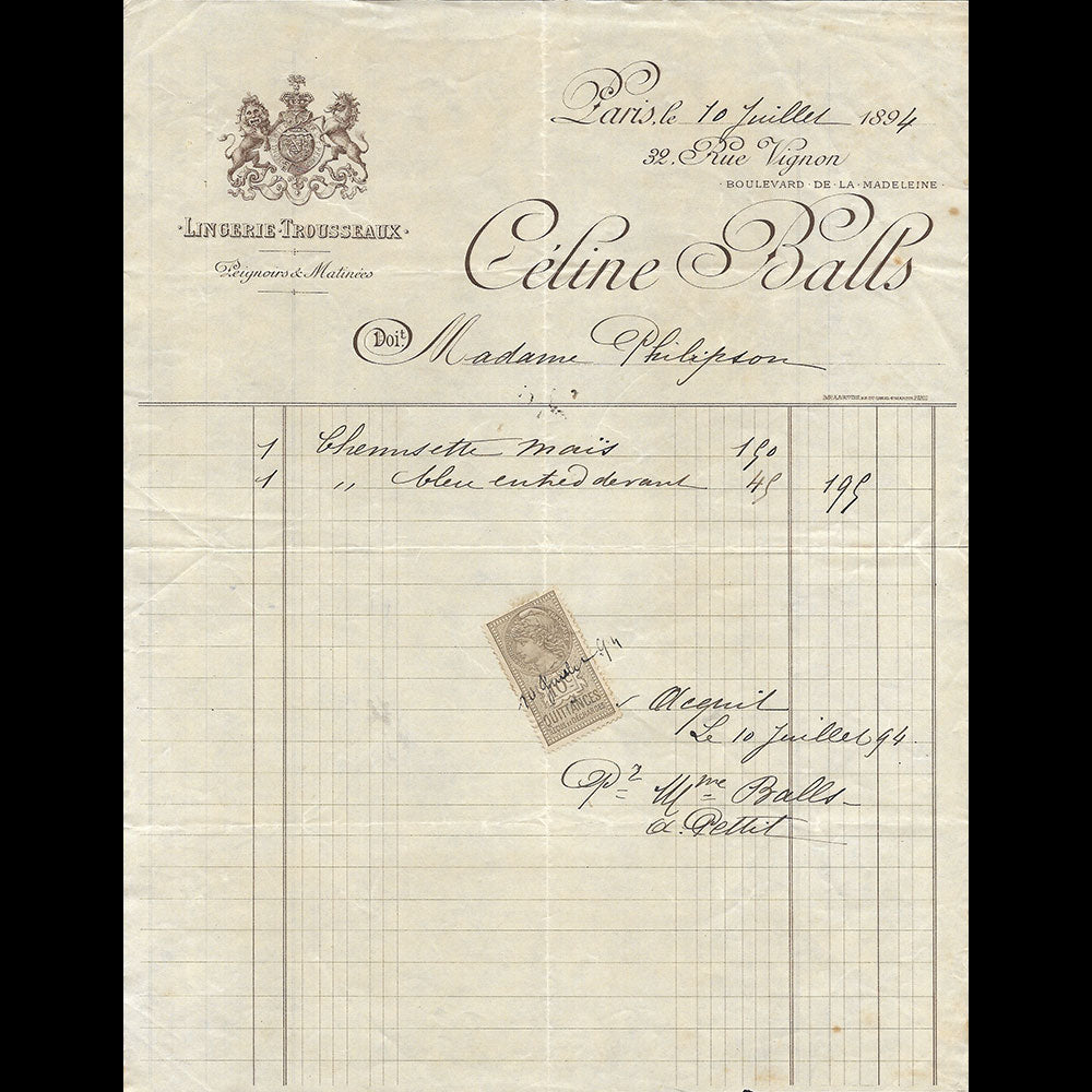 Céline Balls - Facture de la maison de lingerie, 32 rue Vignon à Paris (1894)