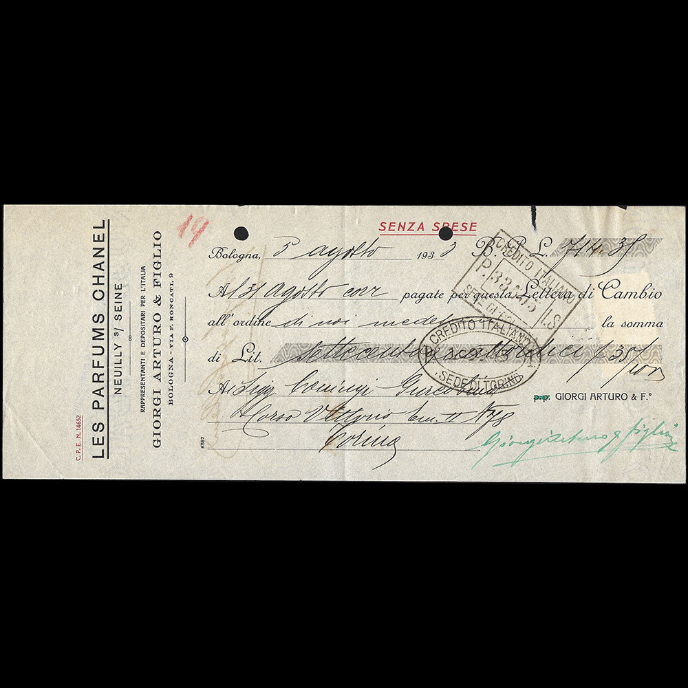 Chanel - Billet à ordre du représentant italien des Parfums Chanel (1933)