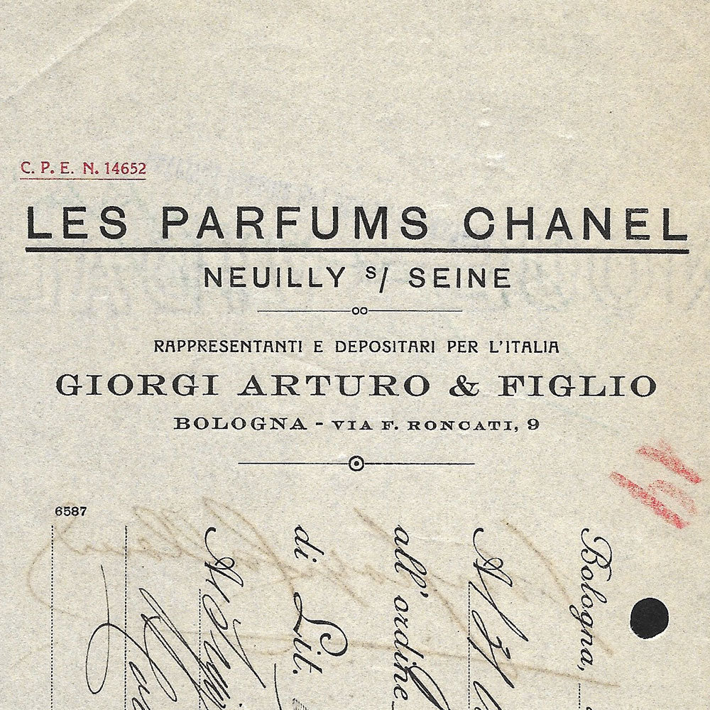 Chanel - Billet à ordre du représentant italien des Parfums Chanel (1933)