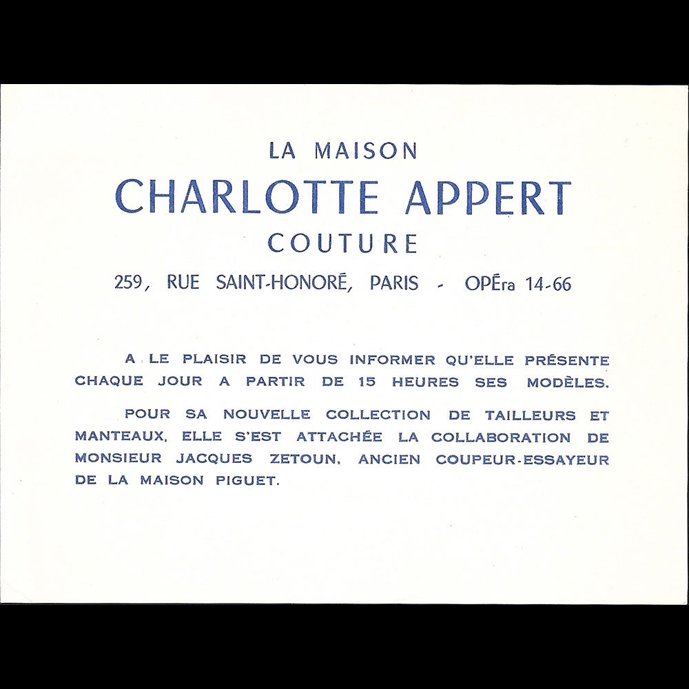 Charlotte Appert - Carte de la maison de couture, 259 rue Saint-Honoré à Paris (1950s)