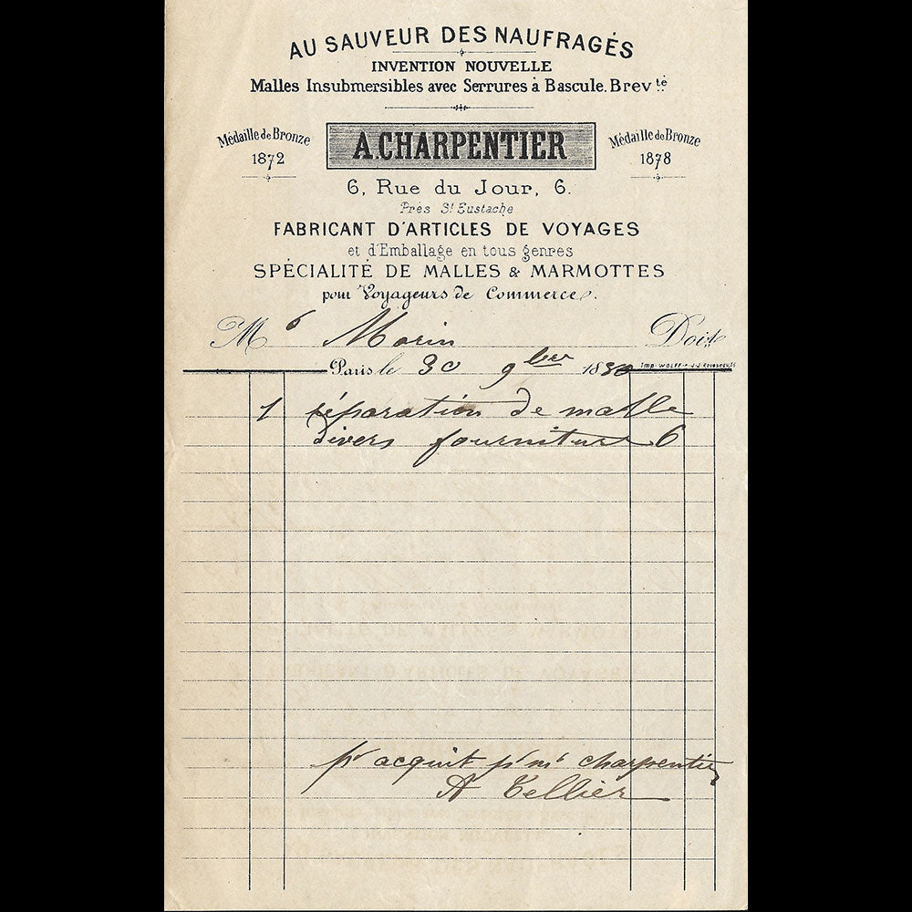 A. Charpentier - Facture du fabricant de malles et d'articles de voyage, rue du Jour à Paris (1880)